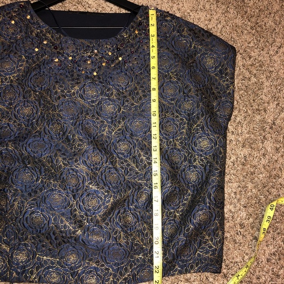 Zara Basic Blouse Blue & Gold Floral Dressy Top - Picture 8 of 9